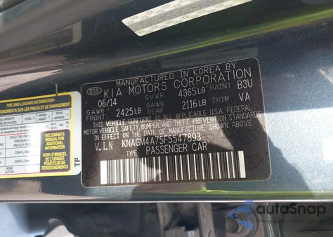 2015 Kia Optima Lx from USA, damaged, VIN KNAGM4A75F5547893